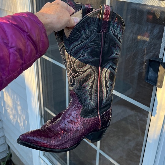 Cowboy Boots Snakeskin Purple Leather Western Heel - Picture 9 of 10
